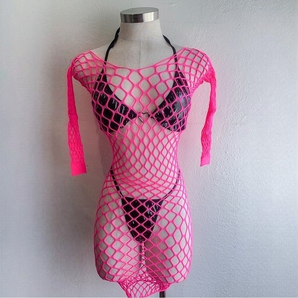 NEON  pink fishnet long sleeve cover up - Picture 4 of 4